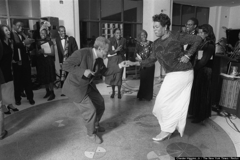 Amiri Baraka and Maya Angelou dance at the The Schomburg Center for Research in Black Culture in New York.